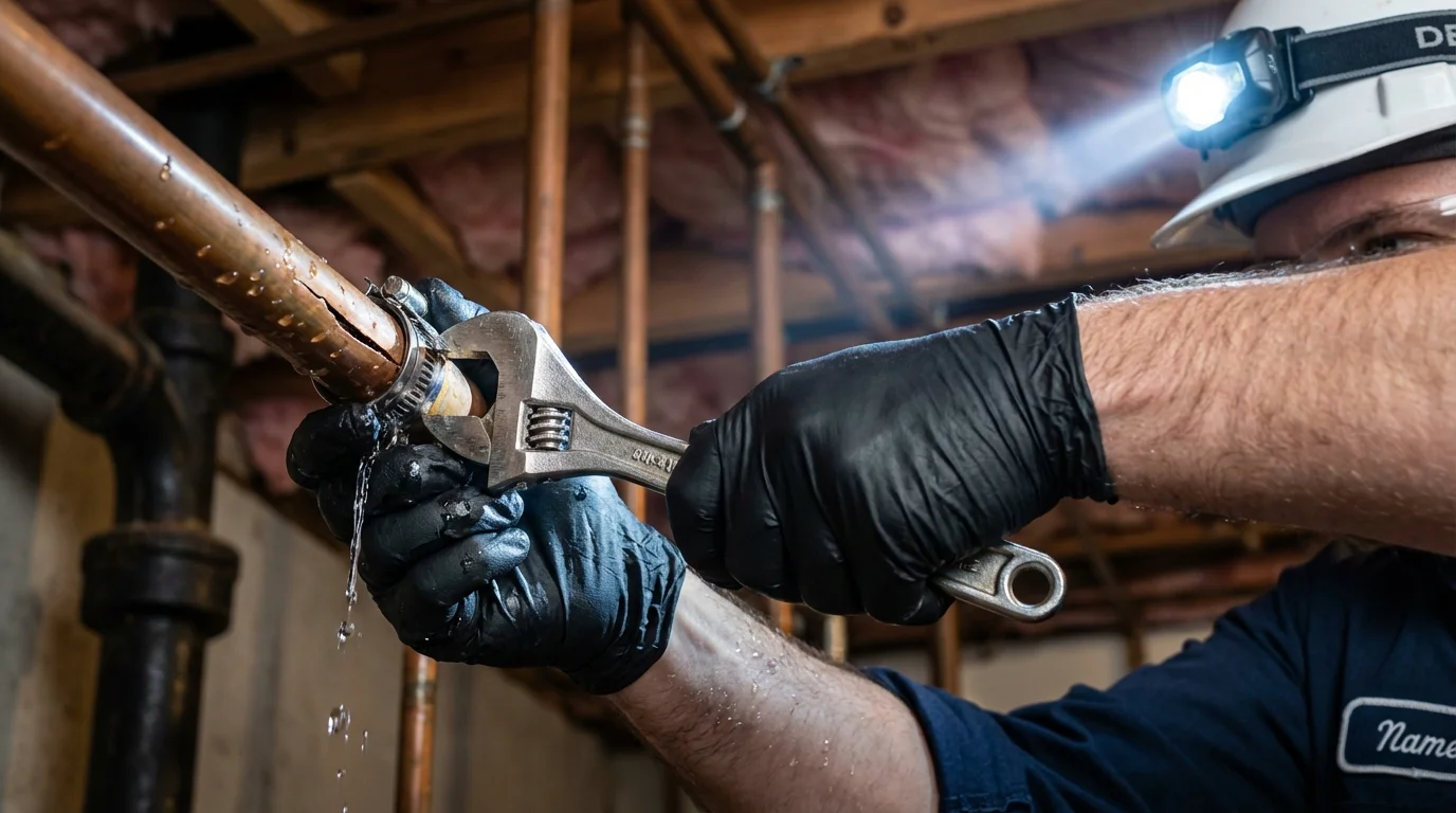 Emergency pipe clamp repair being performed by a Johns Plumbing LLC plumber in Anna
