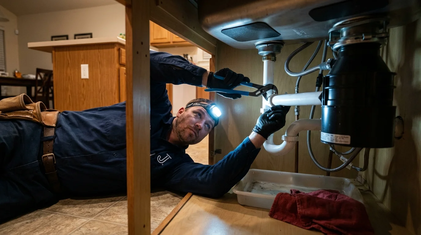 P-trap and supply line connections under a kitchen sink showing a common leak point in Anna, TX